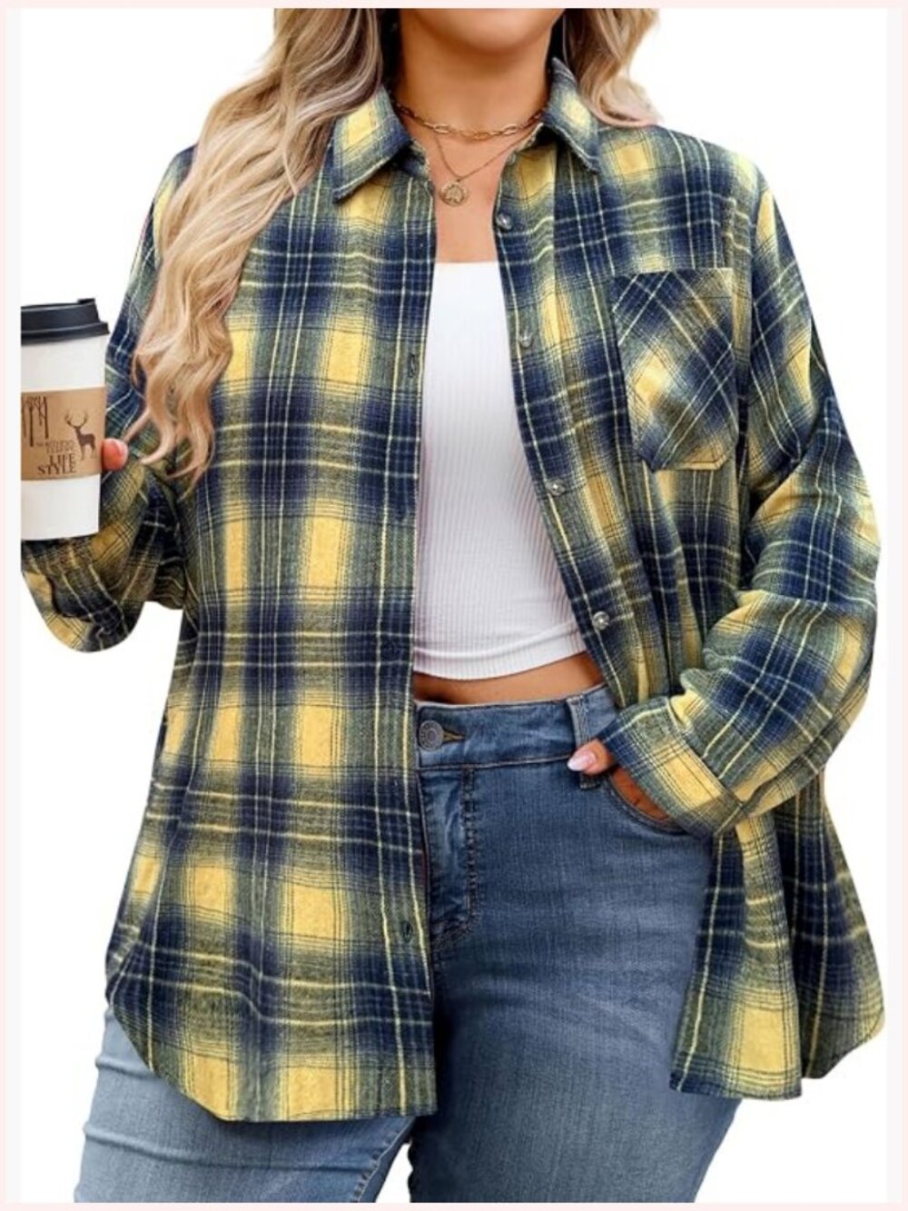 Women's Plus Size Flannel Shirt Long Sleeve Button Down Plaid Oversize Blouse